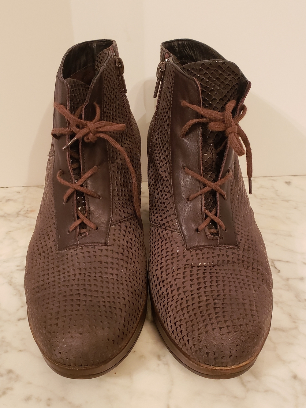 Naot Brown Leather Lace-Up Ankle Booties with Side Zipper